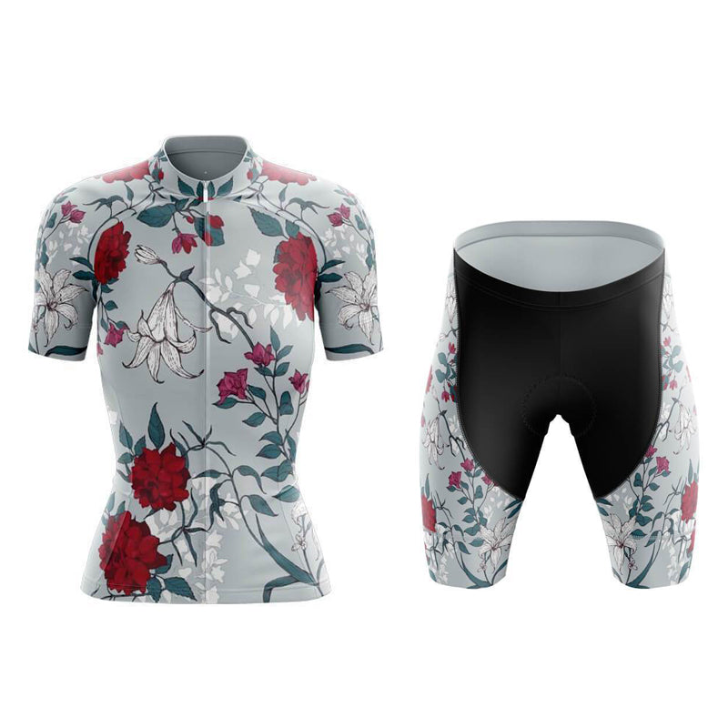 Ensemble de Maillot de Cyclisme Rouge à Fleurs pour Femmes