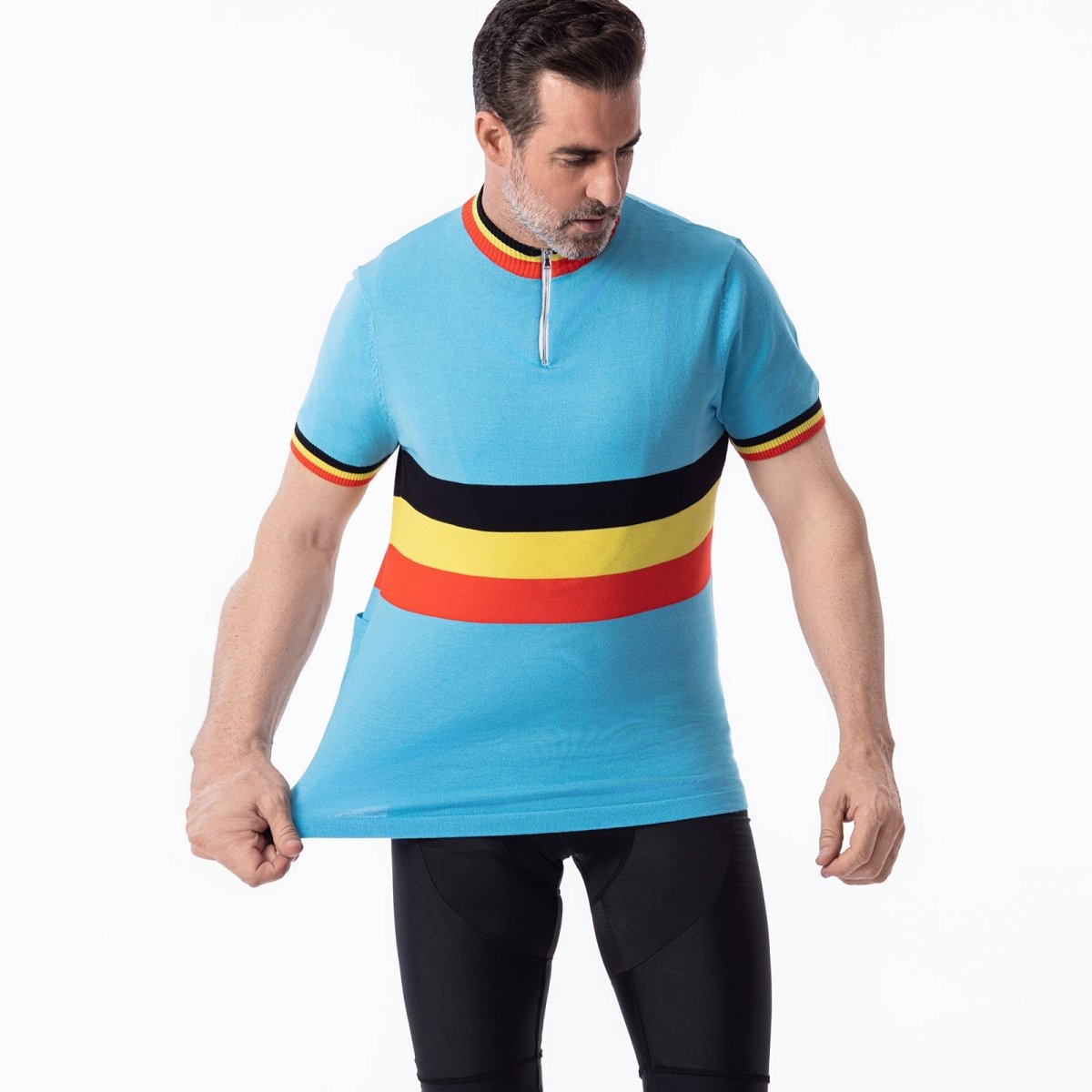 Maillot de Cyclisme Rétro - Équipe de Belgique en Laine Mérinos Mélangée