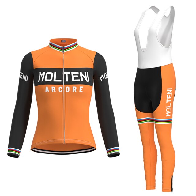 Ensemble Long de Maillot de Cyclisme Rétro Orange Molteni pour Femmes (avec Polaire Hivernale)