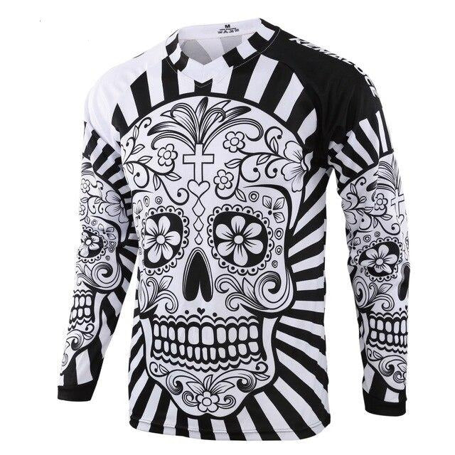 Maillot de cyclisme à manches longues avec motif noir et blanc et tête de mort blanche
