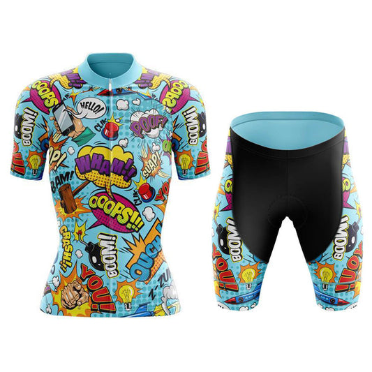 Ensemble de maillot de cyclisme bleu à motif de bande dessinée explosive pour femmes