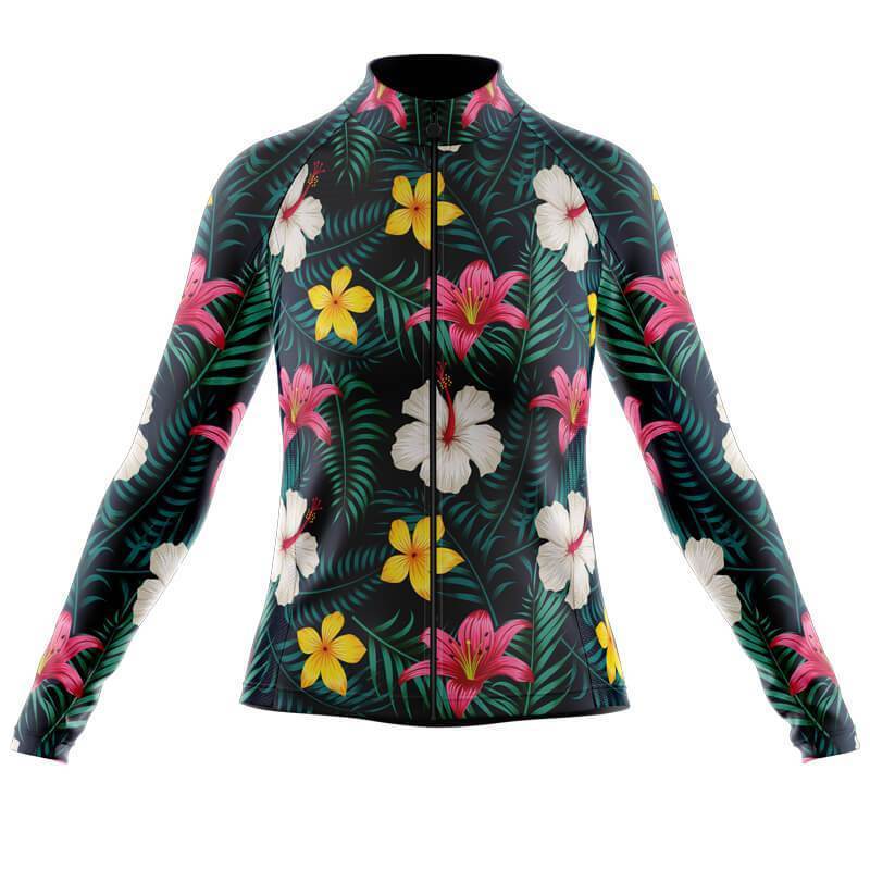 Maillot de cyclisme à manches longues pour femmes à motif floral jaune et rose (avec option en polaire)