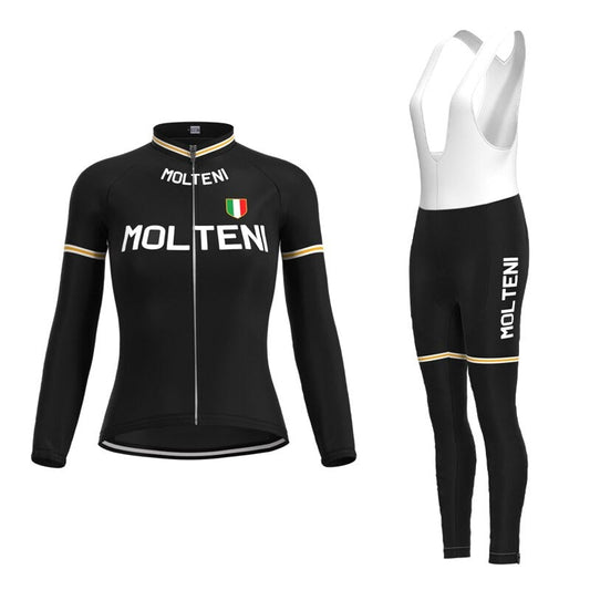 Ensemble Long de Maillot de Cyclisme Rétro Noir pour Femmes Molteni (avec Polaire Hivernale)