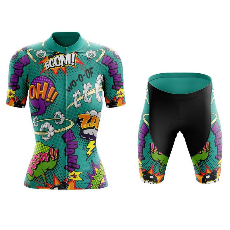 Ensemble de maillot de cyclisme vert à motif de bande dessinée explosive pour femmes