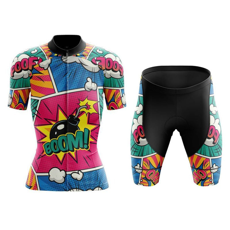 Maillot de cyclisme femme explosif style bande dessinée rose-vert ensemble