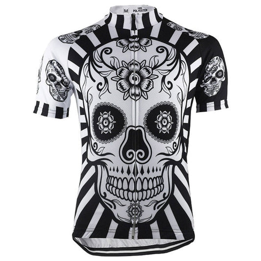 Maillot de cyclisme à motif floral noir et blanc avec crâne