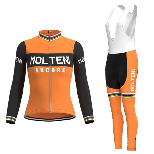 Ensemble Long de Maillot de Cyclisme Rétro Orange Molteni pour Femmes (avec Polaire Hivernale)