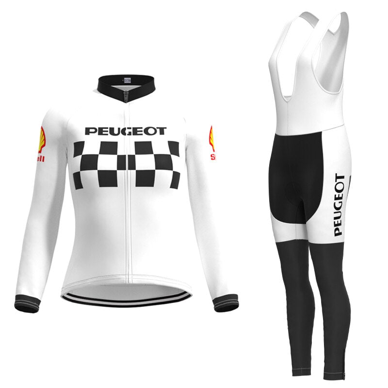 Maillot de cyclisme rétro Peugeot-Shell des années 1960 pour femmes - Ensemble long