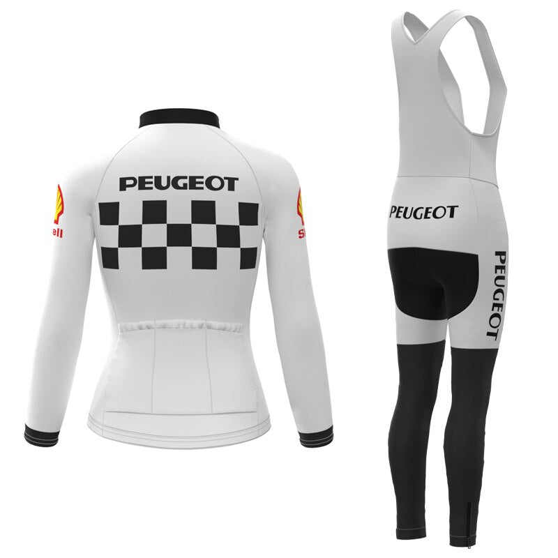 Maillot de cyclisme rétro Peugeot-Shell pour femmes des années 1960, ensemble long (avec polaire d'hiver)