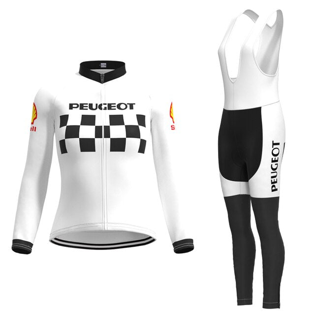 Maillot de cyclisme rétro Peugeot-Shell des années 1960 pour femmes - Ensemble long