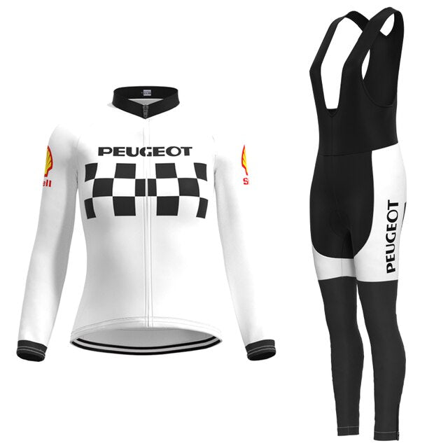 Maillot de cyclisme rétro Peugeot-Shell des années 1960 pour femmes - Ensemble long