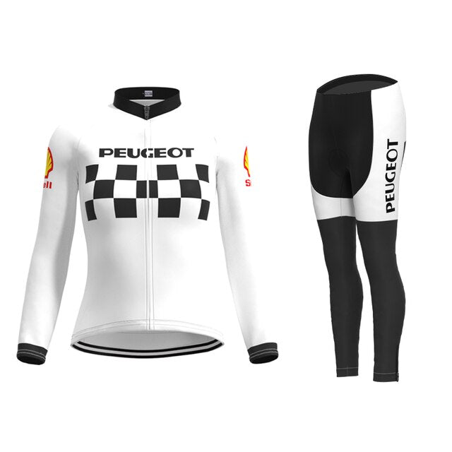 Maillot de cyclisme rétro Peugeot-Shell des années 1960 pour femmes - Ensemble long