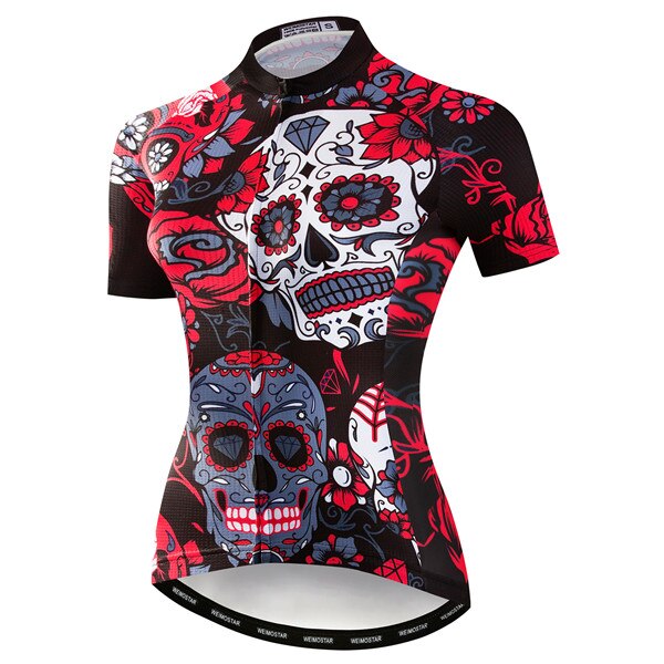 Maillot de cyclisme pour femmes avec crânes noir et rouge