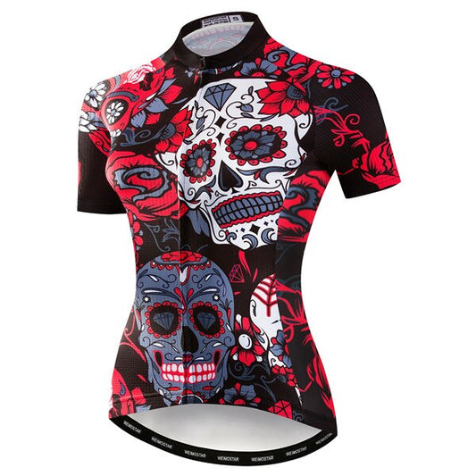 Maillot de cyclisme pour femmes avec crânes noir et rouge
