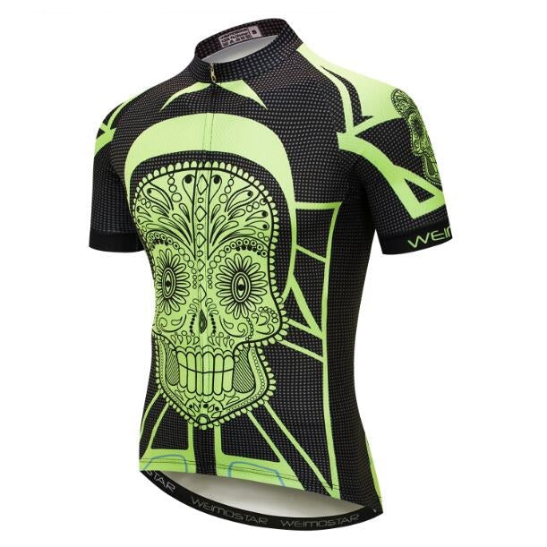 Maillot de cyclisme vert vif et noir avec motif de crâne