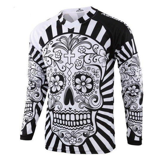 Maillot de cyclisme à manches longues avec motif noir et blanc et tête de mort blanche